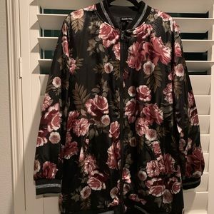 Plus Size Floral Satin Longline Bomber Jacket
